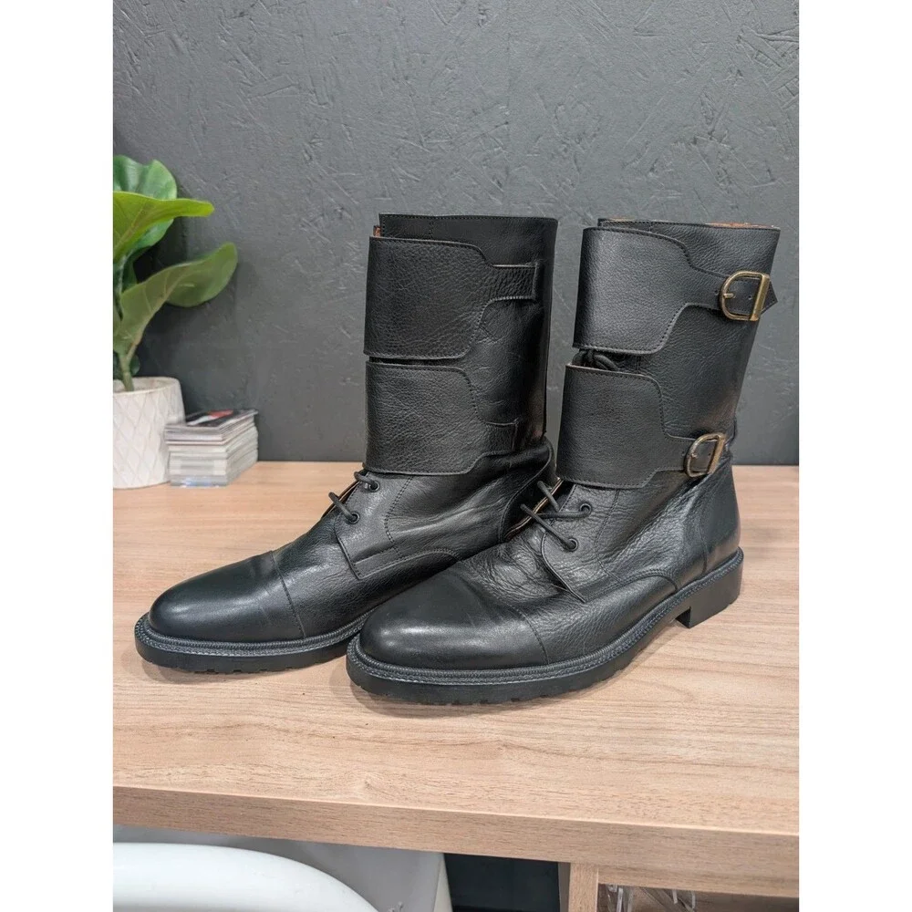 Michele Olivieri Leather Lace up Buckle Boots Men's Size 9 Black Made In Italy